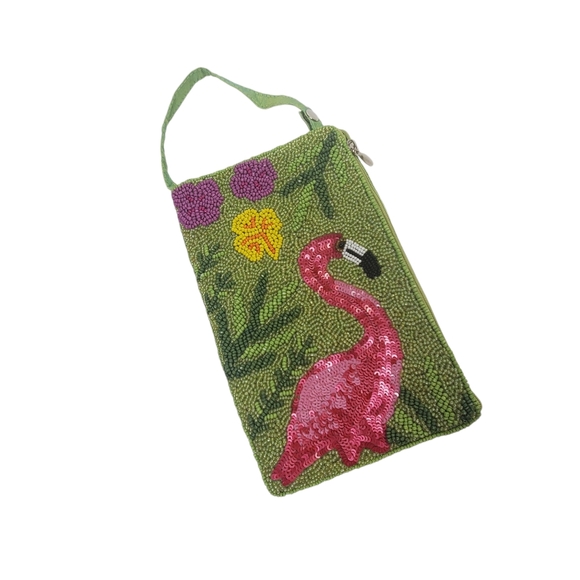 BAMBOO TRADING COMPANY Beaded Flamingo Club Bag Wristlet Crossbody - Picture 2 of 4